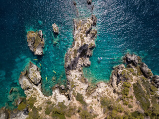 Italy, July 2022. Aerial view of the Quakes islands with their Caribbean sea