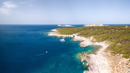 Italy, July 2022. Aerial view of the Quakes islands with their Caribbean sea