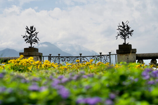 lake como italy railing detail multicolored flowers in front 