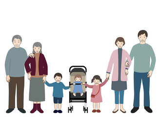 楽しそうに手を繋いで正面を向いている3世代家族のセット