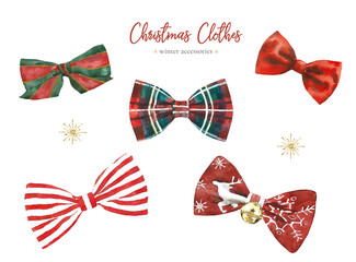 Christmas clothes set of watercolor bowties object isolated, winter clothes accessories, warm christmas decor, new year, hipster clothes, create character overlay,drop,clipart, diy