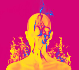 Abstract concept illustration from 3D rendering of yellow figure silhouette burning in yellow and black flames on a magenta background.