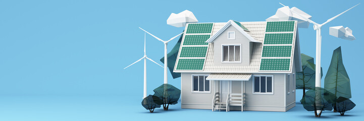 Clean energy concept on World Environment Day, sustainable energy or International Day of Forests concept tree and earth globe with solar cell panel with windmill on pastel background. 3d rendering