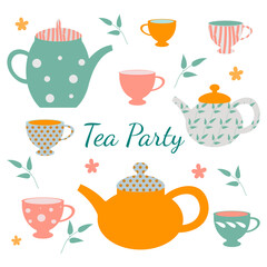 Tea party elements collection. Hand drawn tea vector icons. Teapots and cups isolated on white background. Design elements.