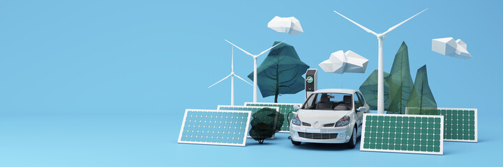 Clean energy concept on World Environment Day, sustainable energy or International Day of Forests concept tree and earth globe with solar cell panel with windmill on pastel background. 3d rendering © Jokiewalker