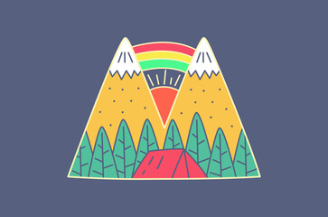 camp on the mountain inside with rainbow design for badge, sticker, patch, t shirt design, etc