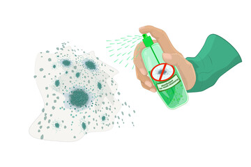 Hand with disinfectant spray bottle for mold clean. Detergent sprayer against mildew and germs in arm.Aerosol can for remove mould.Hand presses the bottle dispenser on mold stain.Mold cleansing.Vector - obrazy, fototapety, plakaty