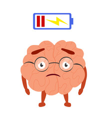Cute brain character with low life battery. Tiredness concept. Cartoon vector illustration isolated on white background. Sad unhappy fatigue mascot.
