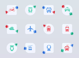 public transport glass morphism trendy style icons. public transport transparent glass color vector icon with color figures. for web and ui design, mobile apps and promo business advertising