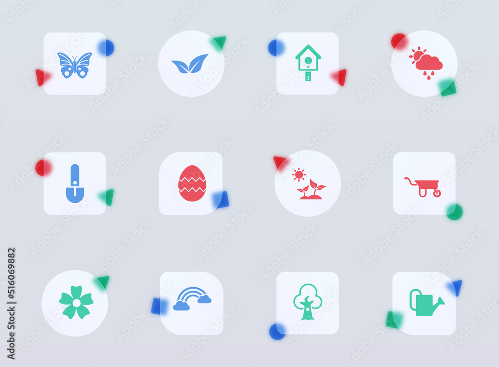 Poster spring glass morphism trendy style icons. spring transparent glass color vector icon with color figu