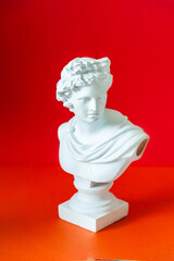 plaster bust of Apollo on a red background