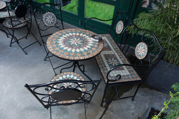 group richly inlays table retro chairs bench