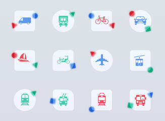 vehicle glass morphism trendy style icons. vehicle transparent glass color vector icon with color figures. for web and ui design, mobile apps and promo business advertising