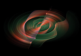 3D illustration. Abstract image. Fractal. An image of a curved pink-green grid in the shape of a circle with waves on a black background. Graphic element, texture for web design.