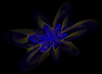 3D illustration. Abstract image. Fractal. An image of a curved yellow-blue mesh in the shape of a flower on a black background. Graphic element, texture for web design.