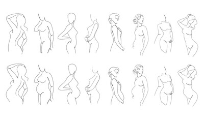Collection. Slim girl silhouettes in modern single line style. The woman is pregnant. Solid line, outline aesthetic decor, posters, stickers, logo. Set of vector illustrations.