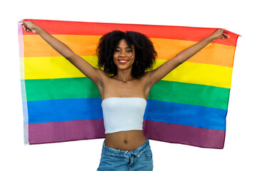 Young woman holding LGBT rainbow flag. Woman holds a flag of the LGBT community .