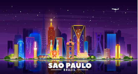 Sao Paulo (Brazil) night skyline with panorama in sky background. Vector Illustration. Business travel and tourism concept with modern buildings. Image for banner or web site. 