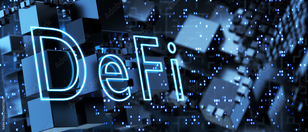 Poster defi-decentralized finance on an abstract technological background made of metal cubes. blockchain c