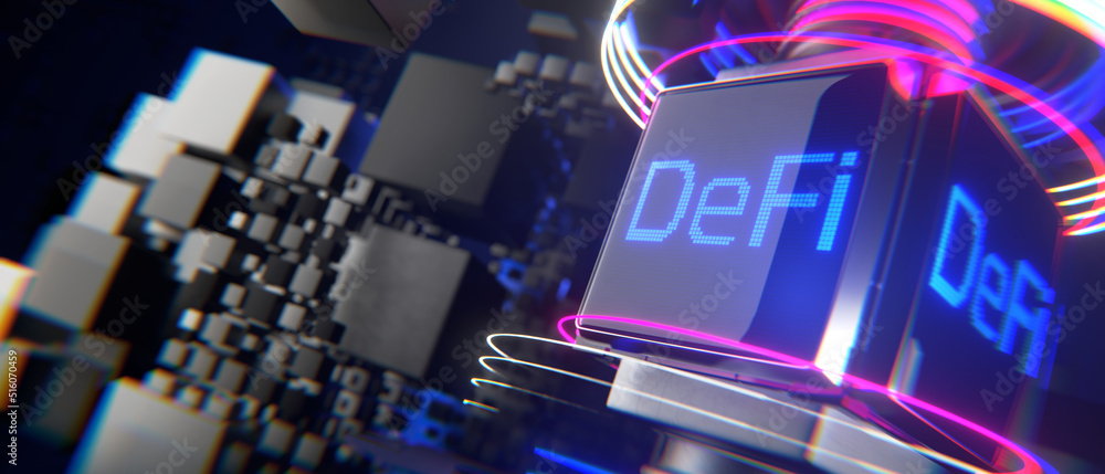 Poster defi-decentralized finance on a monochrome lsd display against the background of blocks. wide banner