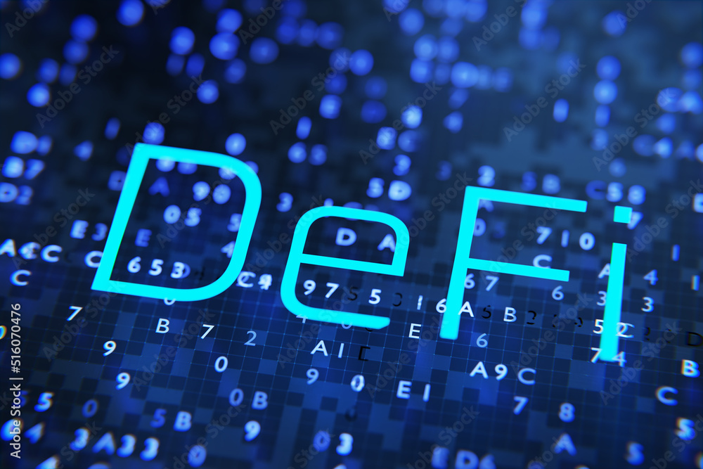 Poster defi-decentralized finance on a digital background of numbers. blockchain concept, decentralized fin