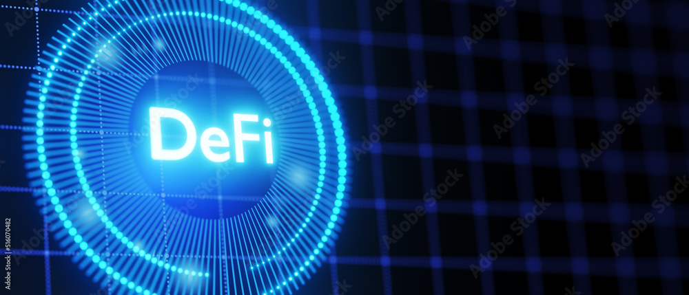 Poster defi-decentralized finances shine against the background of the futuristic hud interface. blockchain