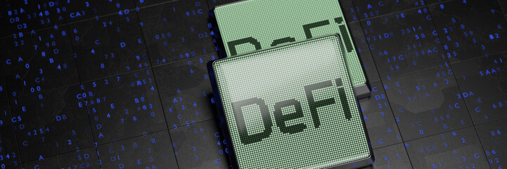DeFi-decentralized finance on a monochrome LSD display. Blockchain concept, decentralized financial system. 3d rendering