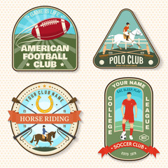 Set of american football, soccer, polo and horse riding club embroidery patch. Vector. Sticker design with soccer, american football sportsman player, helmet, ball rider and horse silhouette.