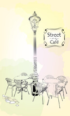 Street cafe, hand drawn vector illustration on a beige background, menu, postcard, label, banner, european cityscape
