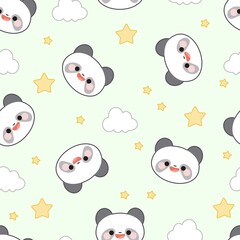 Seamless pattern of panda faces, clouds and stars on a green background.