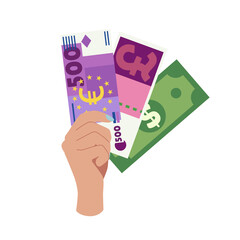 Hand holding paper money. Arm giving banknotes, paying on cash. Currency, bank notes in fingers icon. Finance, payment. 