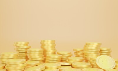 Stack of golden coins on yellow background with earning profit concept. Gold coins or currency of business. 3D rendering.