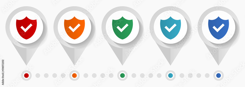Aufkleber shield concept vector icons, editable infographic template, set of colorful flat design pointers