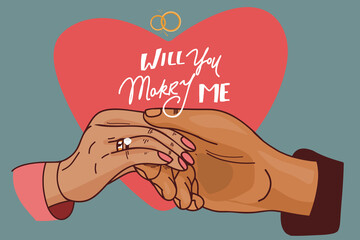 Will you marry me. Marriage proposal vector illustration with wedding ring and male hand. hearts. Vector illustration