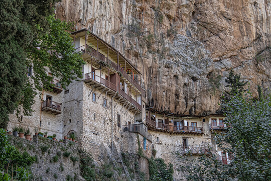Prodromos Monastery, the largest and most historic in Peloponnese, hangs from the rocks above Lousios Gorge, located near Stemnitsa village, Arcadia, Greece.