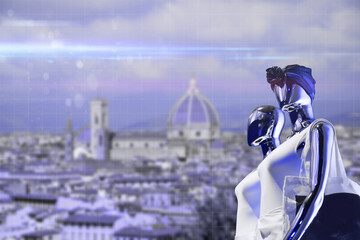 Fantasy futuristic two cyborgs traveling in cyber virtual metaverse world