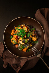 Warm Salad, Saksuka, with crispy eggplant, and tomatoes, spices, herbs, sesame seeds, sunflower seeds, Turkish cuisine, no people,