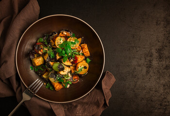 Warm Salad, Saksuka, with crispy eggplant, and tomatoes, spices, herbs, sesame seeds, sunflower seeds, Turkish cuisine, no people,