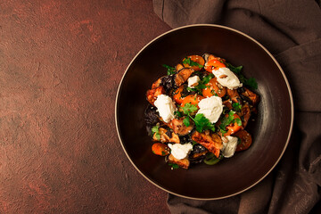 Warm Salad with crispy eggplant and tomatoes, cottage cheese, spices, herbs, sesame seeds, sunflower seeds, Georgian cuisine, no people,
