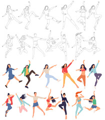 woman jumping sketch, set on white background isolated, vector