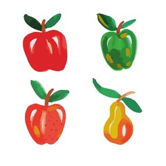 A set of watercolor apples. Green, red apple and yellow pear with a red side.