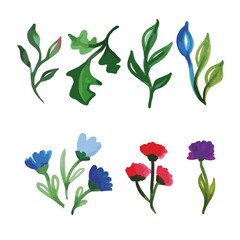 Naklejka na ściany i meble A set of watercolor plants, leaves and flowers. Blue vetas and pink-red. Vector watercolor. Petals and buds. Wildflowers.