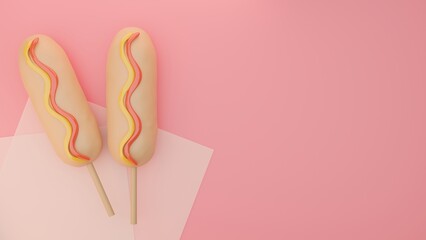 3d illustration wallpaper of Korean street food called Corn-dogs, Korean fried hot dogs, Corn dog sticks with cheesy cheese inside for commercial 