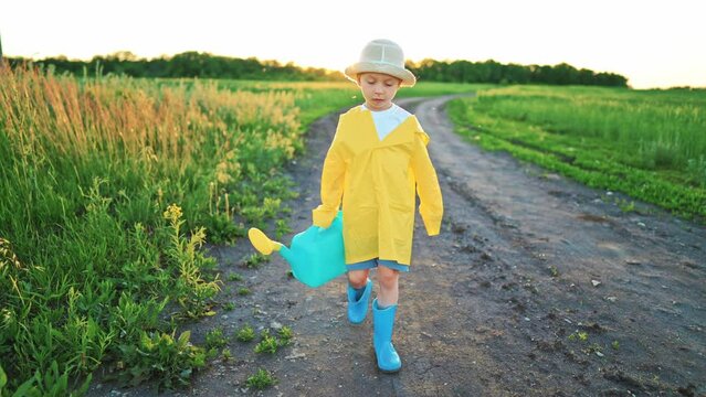 Baby boy walks along rural country road through field in rubber boots and raincoat with watering can for plants and growing agricultural products. Child cute farmer in dinosaur costume.