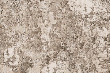 Fototapeta na wymiar Sepia Aged Wall Texture. Old Damaged Wall Pattern. Weathered Surface with dirty Cracked Plaster. Outdoor or indoor. Sepia Horisontal Photo