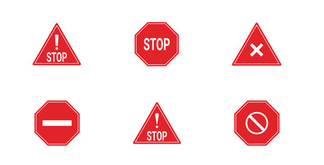 Set of stop red icon. Warning stop sign..Vector design isolated on white background.
