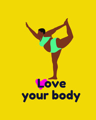 Plus size black woman. Workout. Body positive. Template for promotion and advertising. Vector Illustration.