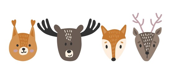 Cute vector print in Scandinavian style. Hand-drawn vector illustration for posters, postcards, T-shirts. Fox, squirrel, moose, deer.