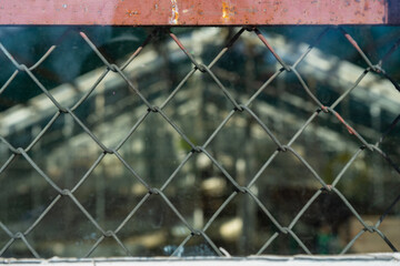 Rabitz. Old abandoned greenhouse behind a chain-link fence