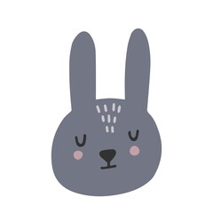 Hand drawn vector illustration of a cute funny rabbit head. Isolated objects on white background. Scandinavian style flat design. Concept children print. Woodland animal.